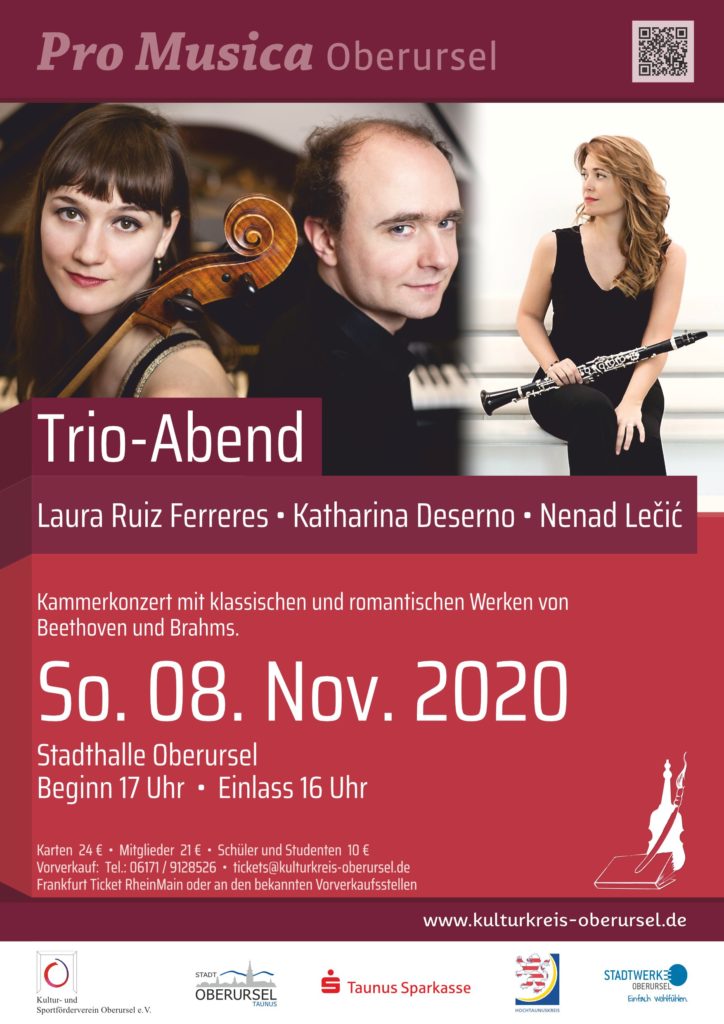 08. November 2020, 17 Uhr, Stadthalle Oberursel. TRIO – ABEND mit Laura Ruiz Ferreres, Katharina Deserno, Nenad Lečić.