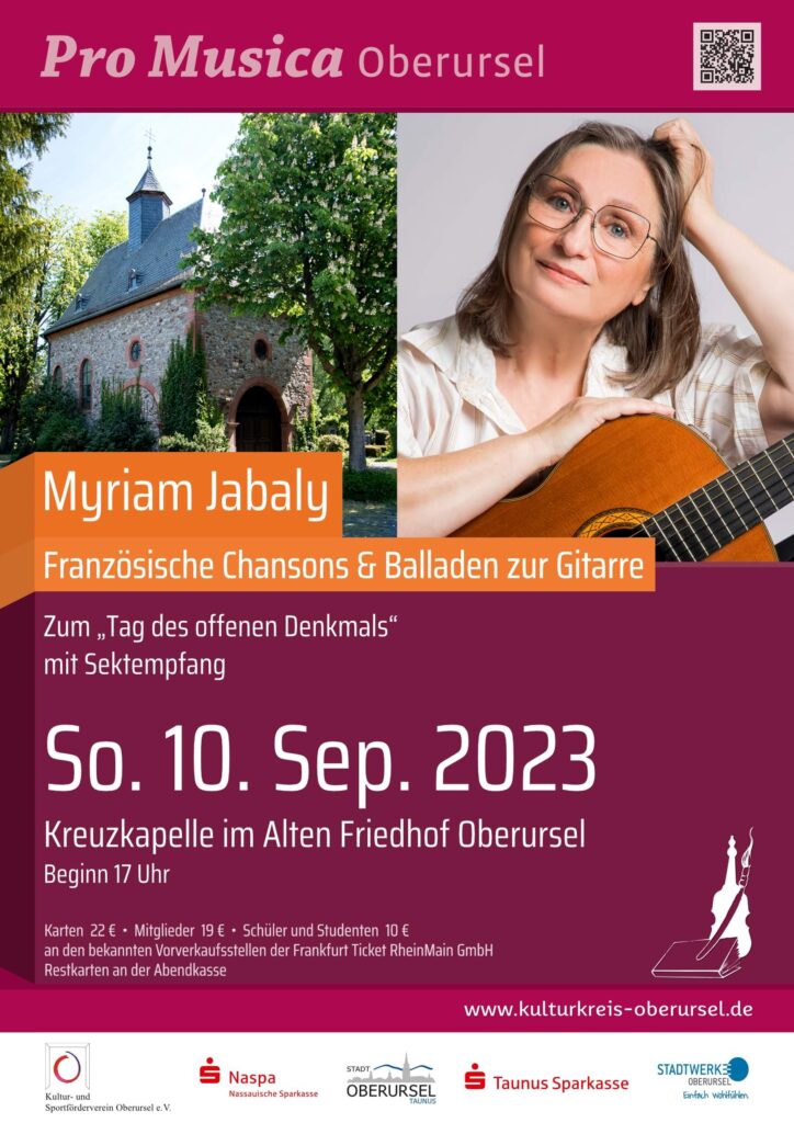 Plakat „Myriam Jabaly – Französische Chansons & Balladen zur Gitarre“ 10.09.2023