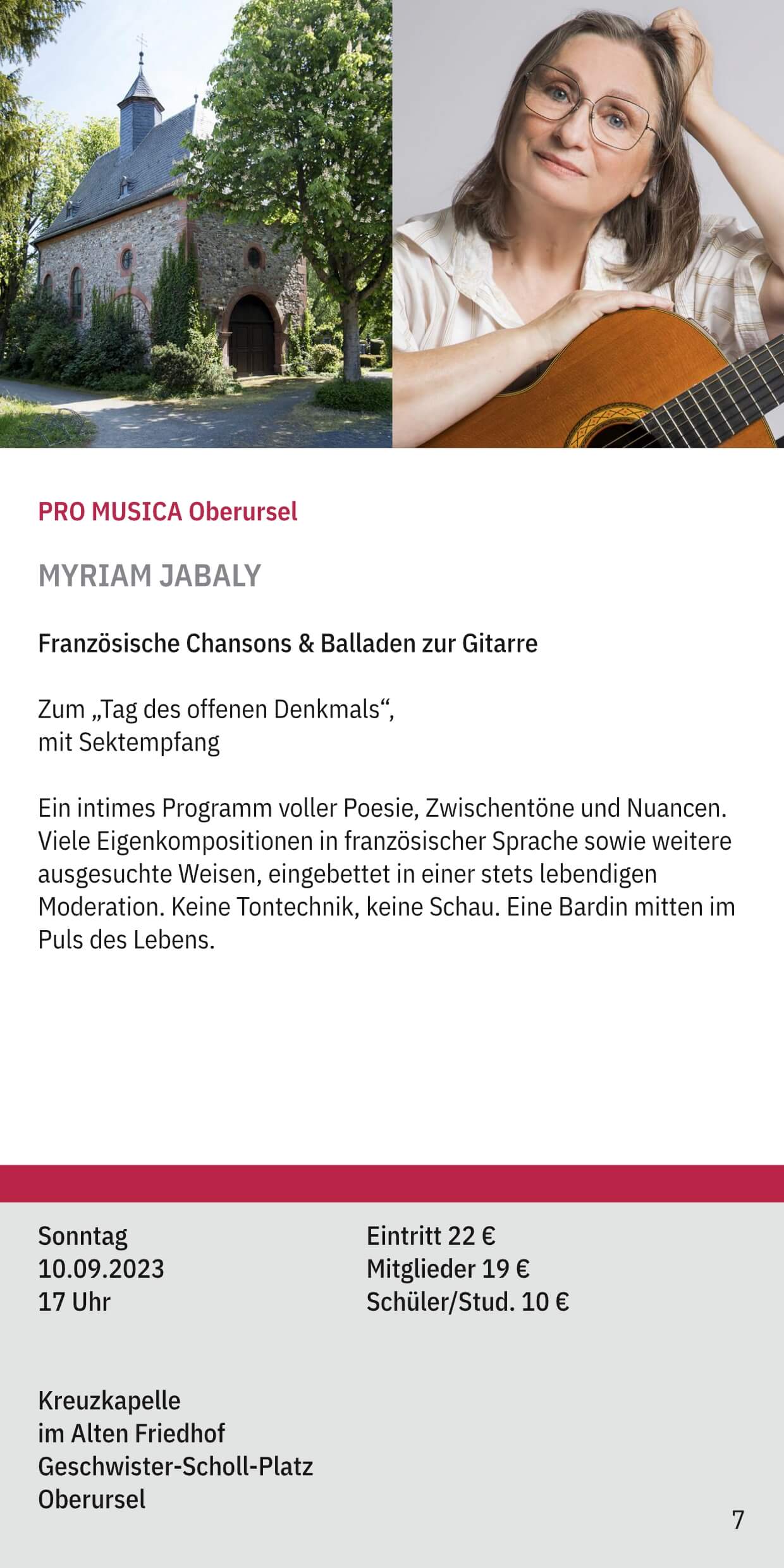 Konzert Myriam Jabaly am 10.09.2023 in der Kreuzkapelle Oberursel