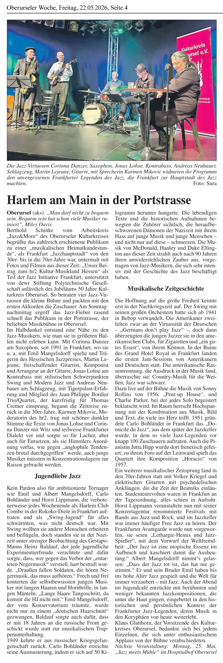 Oberurseler Woche, Freitag, 22.05.2026, Seite 4 "Harlem am Main in der Portstrasse"