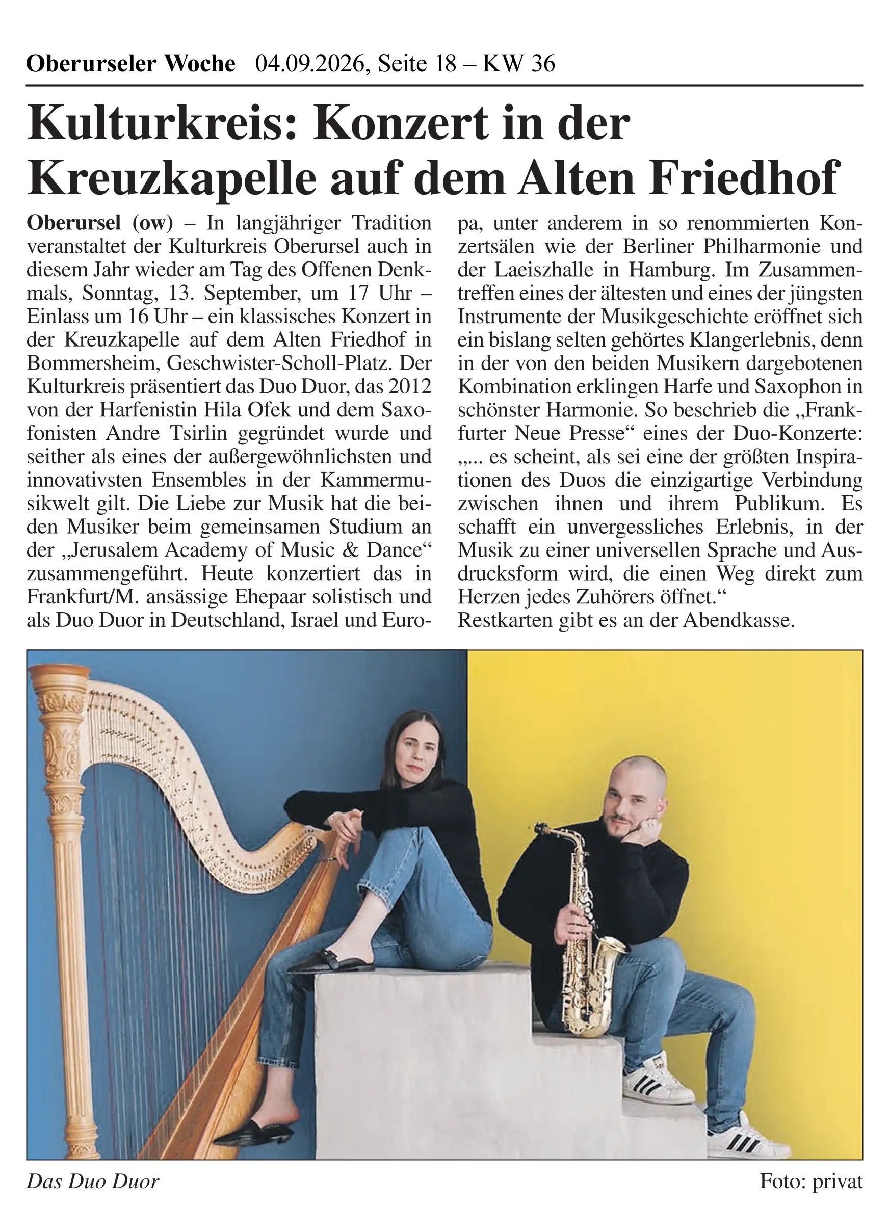 Oberurseler Woche, 04.09.2026, Seite 18 – KW 36, Duo Duor 2026